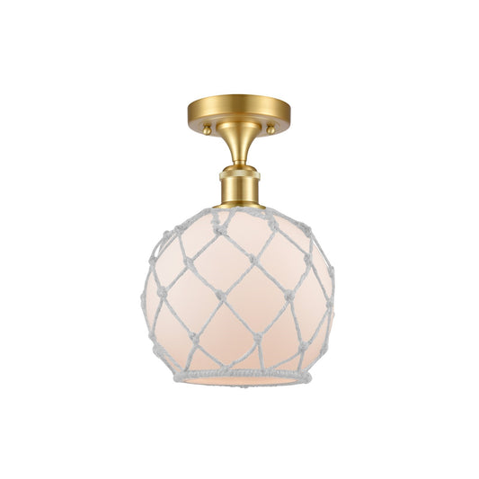 Innovations Farmhouse Rope 8in 1-Light Semi-Flush | Industrial Satin Gold Steel and Cast Brass with White Frosted Glass and | Model 616-1F-SG-G121-8RW