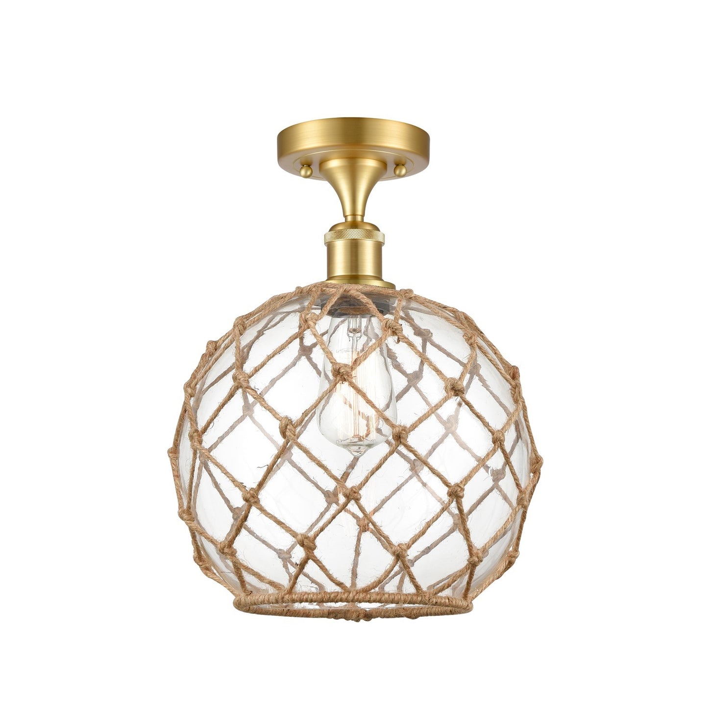 Innovations Farmhouse Rope 10in 1-Light Semi-Flush | Industrial Satin Gold Steel and Clear Glass with Brown Rope Shade | Model 616-1F-SG-G122-10RB
