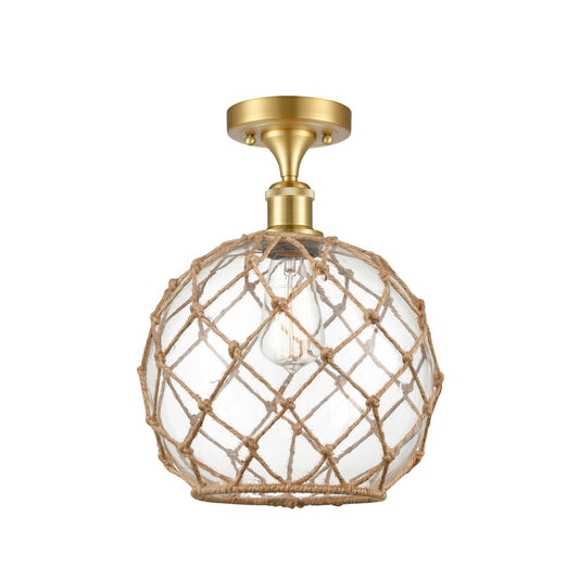 Innovations Farmhouse Rope 10in 1-Light Semi-Flush | Industrial Satin Gold Steel and Clear Glass with Brown Rope Shade | Model 616-1F-SG-G122-10RB