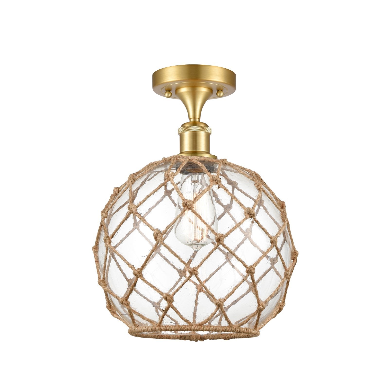 Innovations Farmhouse Rope 10in 1-Light Semi-Flush | Industrial Satin Gold Steel and Clear Glass with Brown Rope Shade | Model 616-1F-SG-G122-10RB