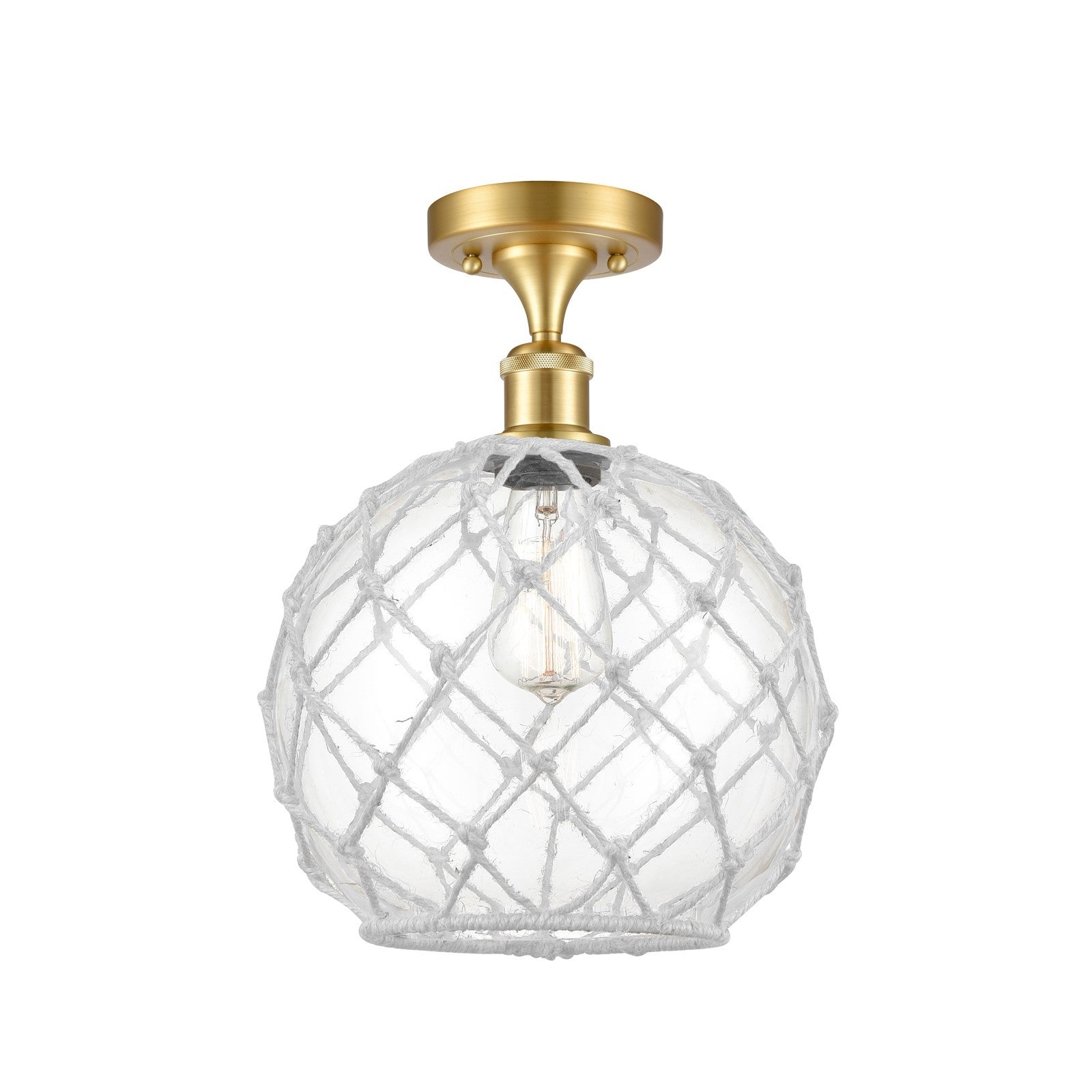 Innovations Farmhouse Rope 10in 1-Light Semi-Flush | Industrial Satin Gold Steel and Clear Glass with White Rope | Kitchen & | Model 616-1F-SG-G122-10RW