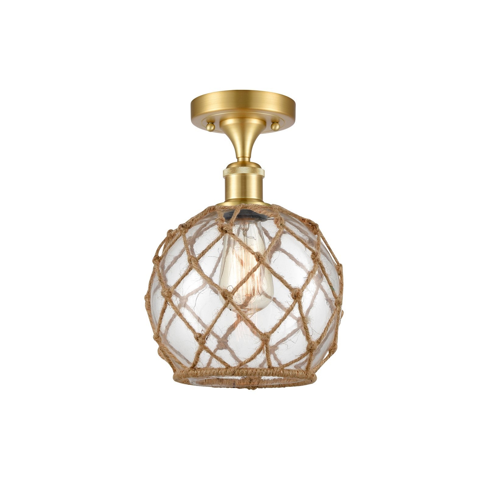 Innovations Farmhouse Rope 8in 1-Light Semi-Flush | Industrial Farmhouse Satin Gold Steel and Clear Glass with Brown Rope | Model 616-1F-SG-G122-8RB