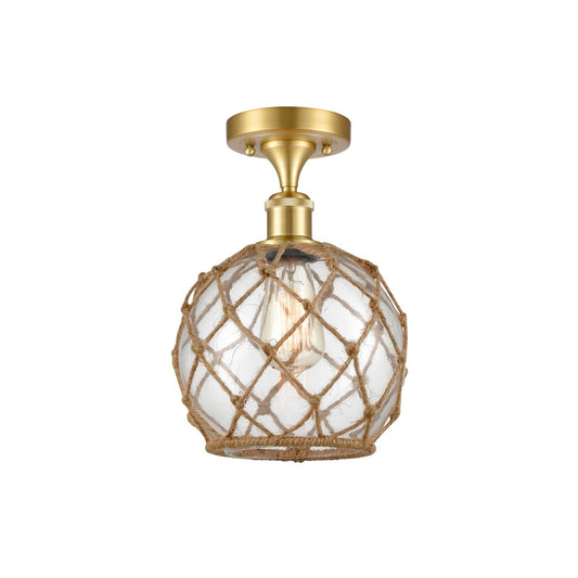 Innovations Farmhouse Rope 8in 1-Light Semi-Flush | Industrial Farmhouse Satin Gold Steel and Clear Glass with Brown Rope | Model 616-1F-SG-G122-8RB