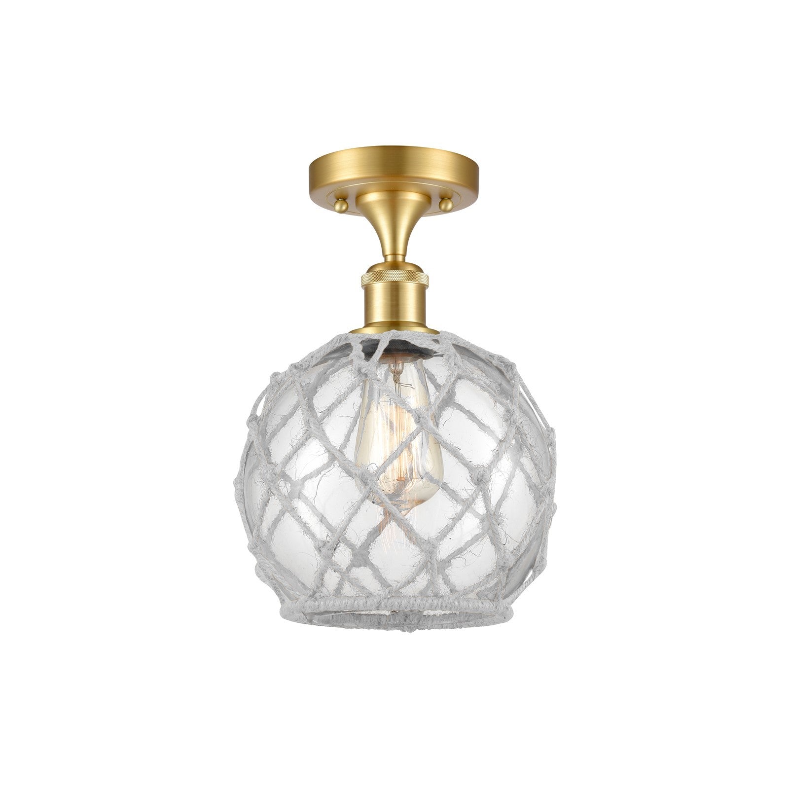 Innovations Farmhouse Rope 8in 1-Light Semi-Flush | Industrial Farmhouse Satin Gold Steel and Clear Glass with White Rope Shade | Model 616-1F-SG-G122-8RW