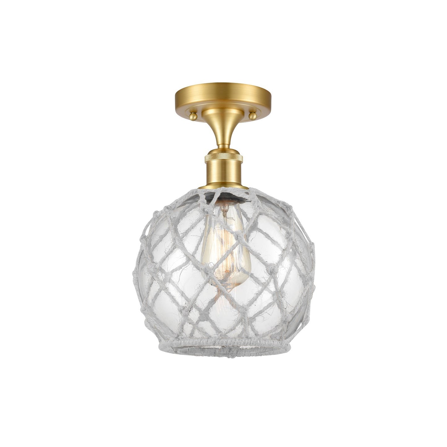 Innovations Farmhouse Rope 8in 1-Light Semi-Flush | Industrial Farmhouse Satin Gold Steel and Clear Glass with White Rope Shade | Model 616-1F-SG-G122-8RW