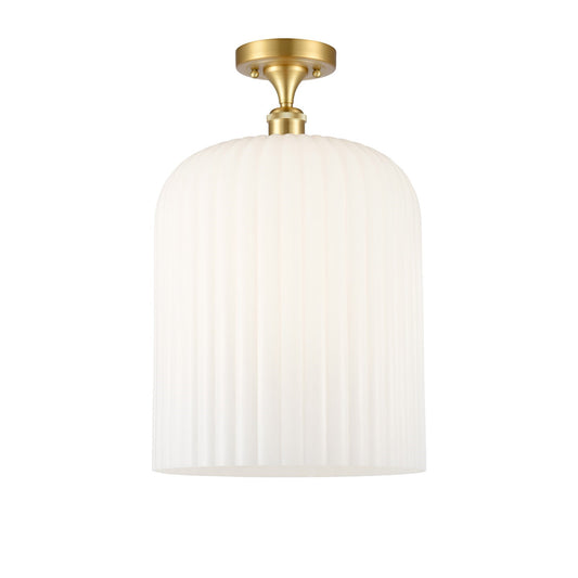 Innovations Bridal Veil 5in 1-Light Semi-Flush Mount | Art Nouveau Satin Gold Steel and Gloss White Ribbed Glass Bell Shade | Model 616-1F-SG-G559-12GWH