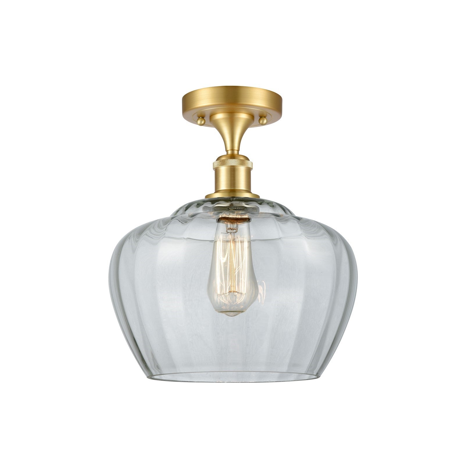 Innovations Fenton 11in 1-Light Semi-Flush Mount | Industrial Satin Gold Steel and Clear Ribbed Glass | Entryway & Hallway | 11 x | Model 616-1F-SG-G92-L