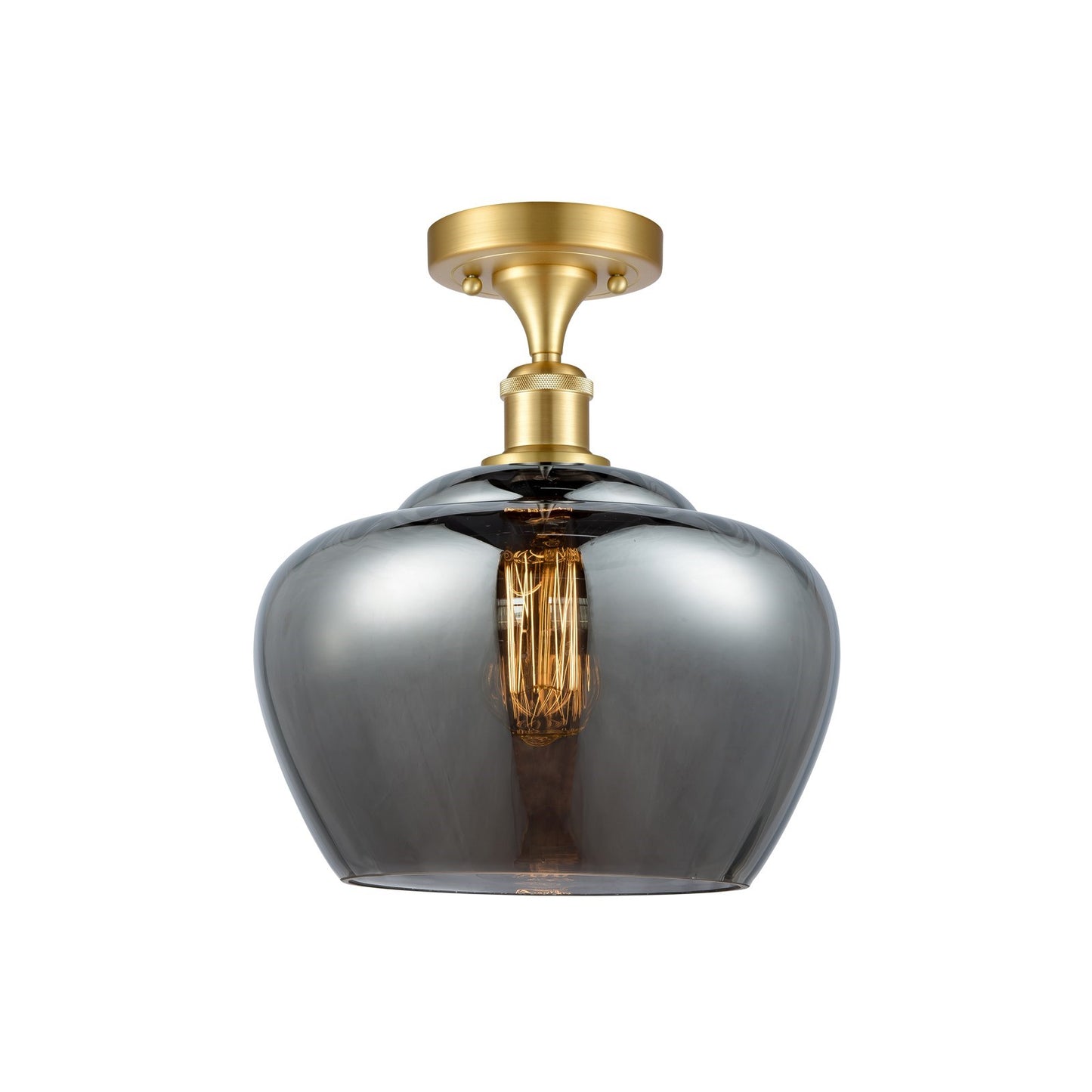 Innovations Fenton 11in 1-Light Semi-Flush Mount | Industrial Satin Gold and Light Smoke Ribbed Glass | Kitchen & Hallway | 11 x | Model 616-1F-SG-G93-L