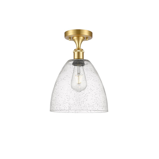 Innovations Bristol 9in 1-Light Semi-Flush Mount | Industrial Satin Gold Steel and Seedy Glass | Damp-Rated Entryway & Hallway | Model 616-1F-SG-GBD-94