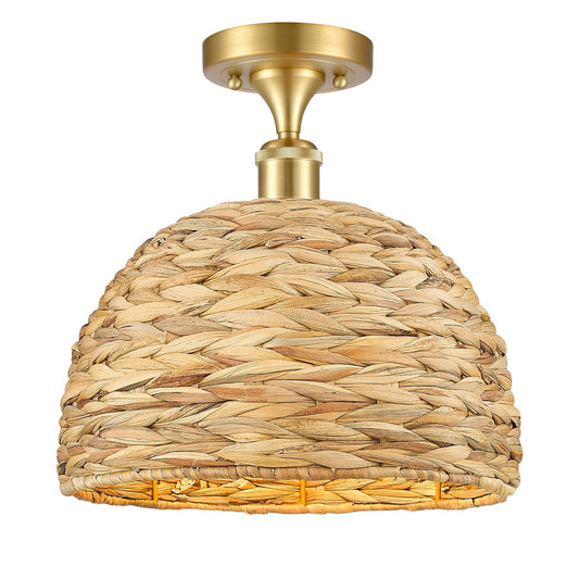 Innovations Woven Rattan 12in 1-Light Semi-Flush Mount | Industrial Satin Gold Steel and Natural Fiber Shade | Damp Rated | Model 616-1F-SG-RBD-12-NAT