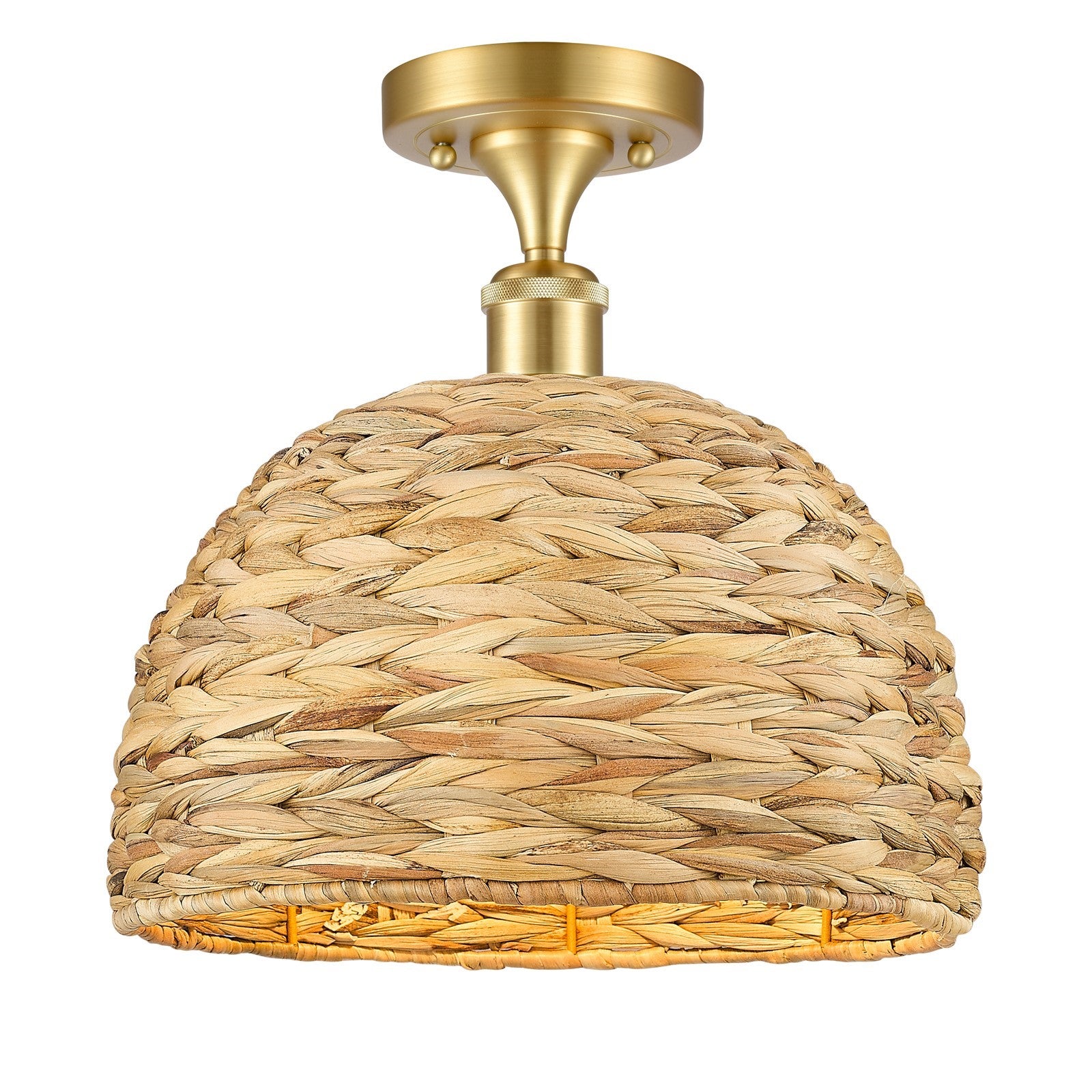 Innovations Woven Rattan 12in 1-Light Semi-Flush Mount | Industrial Satin Gold Steel and Natural Fiber Shade | Damp Rated | Model 616-1F-SG-RBD-12-NAT