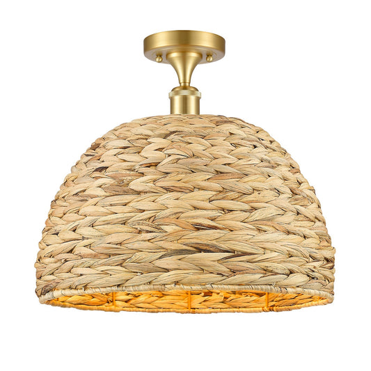 Innovations Woven Rattan 16in 1-Light Semi-Flush Mount | Industrial Satin Gold Steel and Natural Fiber Dome Shade | Model 616-1F-SG-RBD-16-NAT