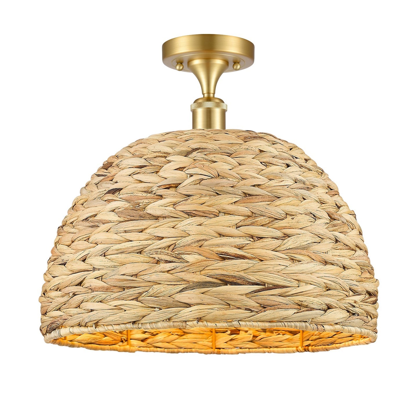 Innovations Woven Rattan 16in 1-Light Semi-Flush Mount | Industrial Satin Gold Steel and Natural Fiber Dome Shade | Model 616-1F-SG-RBD-16-NAT