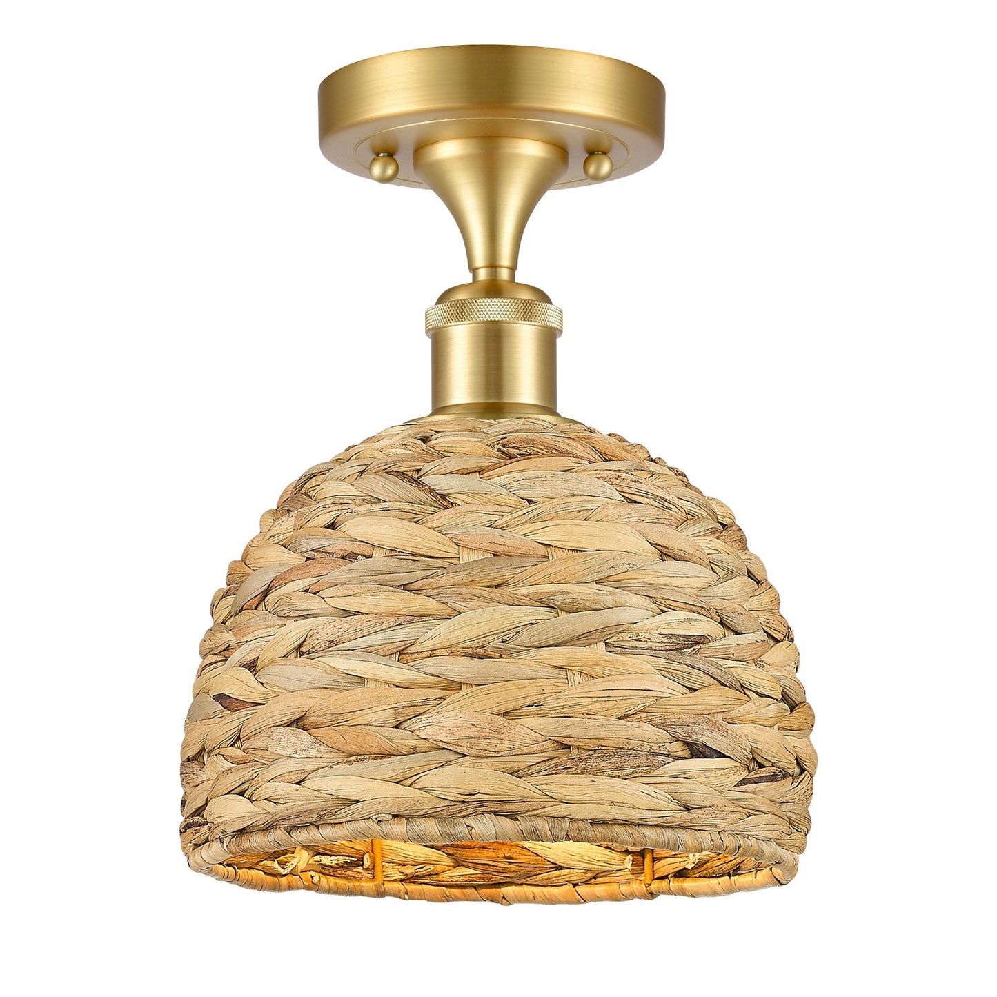 Innovations Woven Rattan 8in 1-Light Semi-Flush Mount | Rustic Farmhouse Satin Gold Steel and Natural Woven Rattan | Entryway | Model 616-1F-SG-RBD-8-NAT