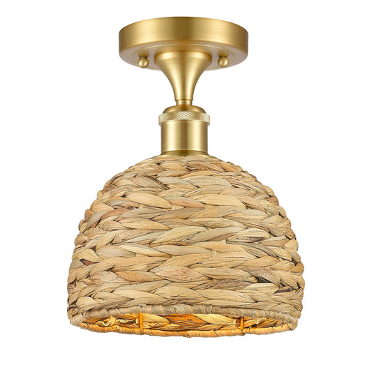Innovations Woven Rattan 8in 1-Light Semi-Flush Mount | Rustic Farmhouse Satin Gold Steel and Natural Woven Rattan | Entryway | Model 616-1F-SG-RBD-8-NAT