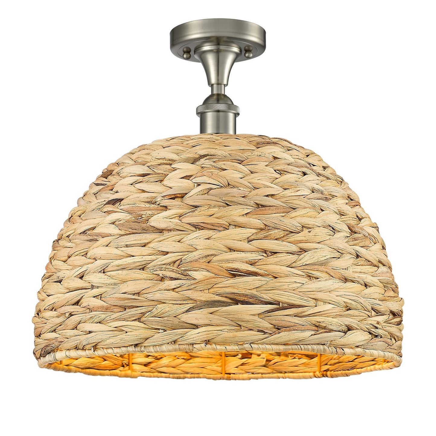 Innovations Woven Rattan 16in 1-Light Semi-Flush Mount | Industrial Brushed Satin Nickel and Natural Fiber Dome Shade | Model 616-1F-SN-RBD-16-NAT