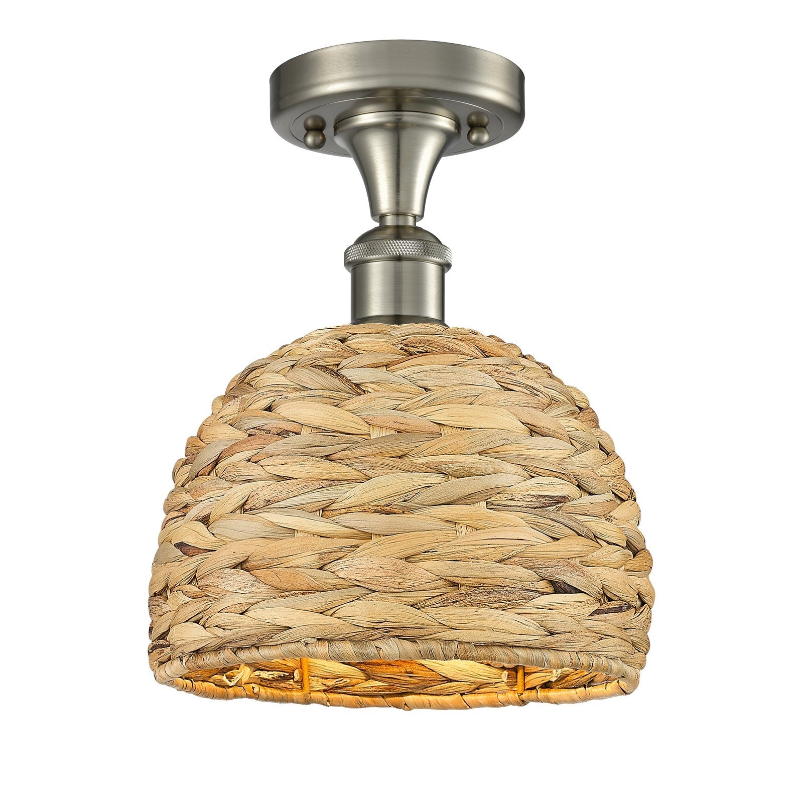 Innovations Woven Rattan 8in 1-Light Semi-Flush | Rustic Farmhouse Satin Nickel and Natural Woven Rattan Shade | Entryway & | Model 616-1F-SN-RBD-8-NAT