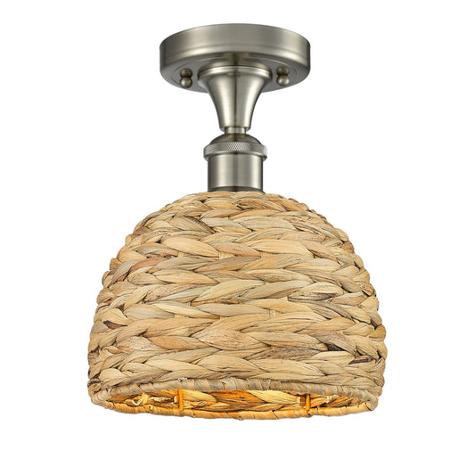 Innovations Woven Rattan 8in 1-Light Semi-Flush | Rustic Farmhouse Satin Nickel and Natural Woven Rattan Shade | Entryway & | Model 616-1F-SN-RBD-8-NAT