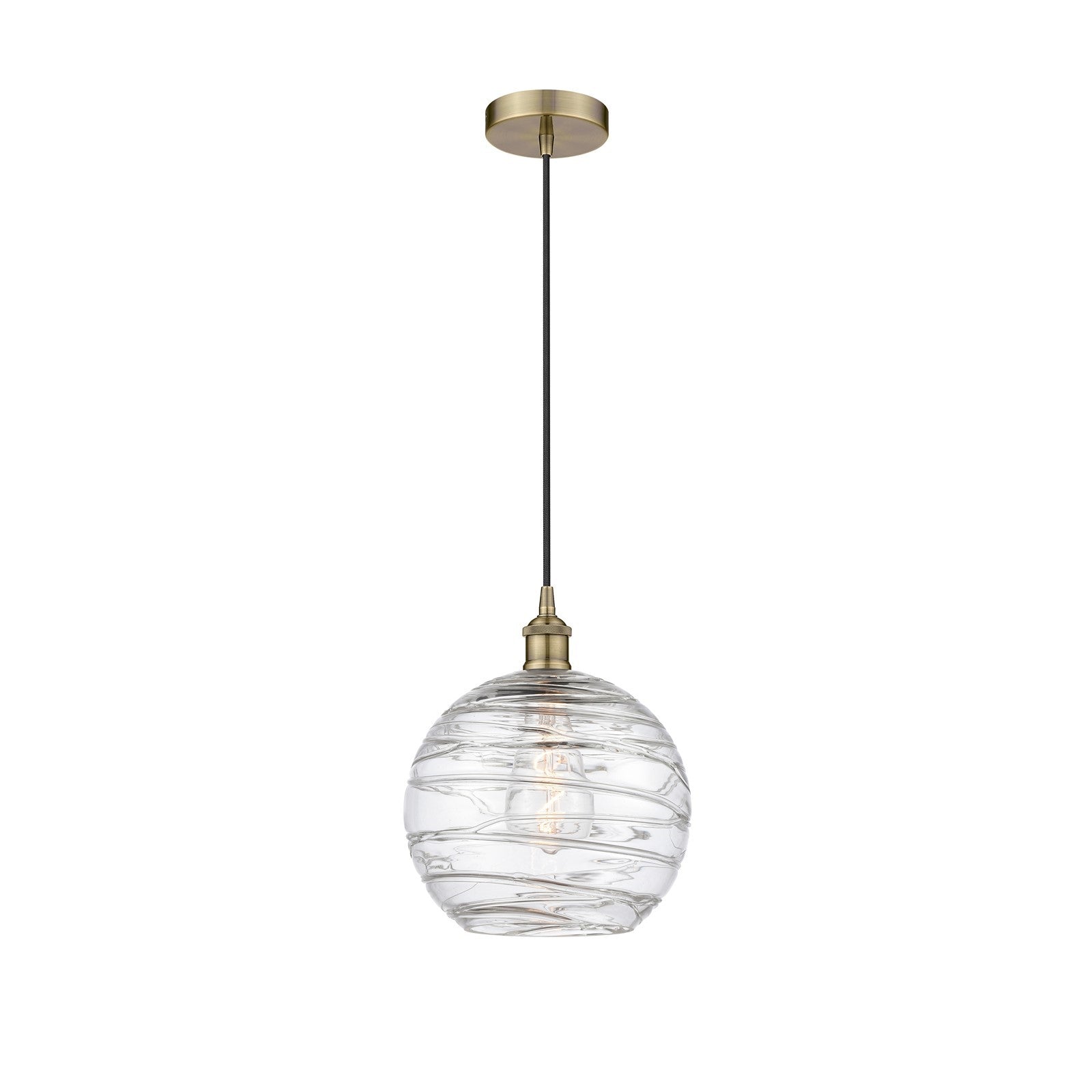 Innovations Athens Deco Swirl 10in 1-Light Mini Pendant | Industrial Antique Brass Steel and Clear Deco Swirl Glass | Kitchen | Model 616-1P-AB-G1213-10CL