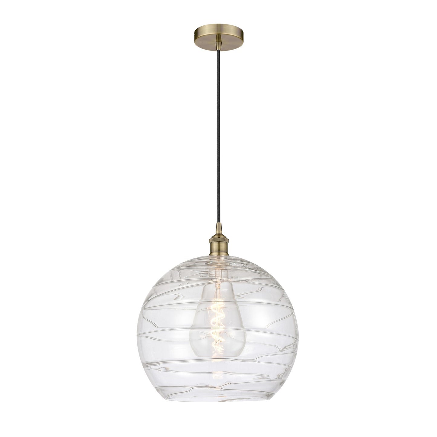 Innovations Athens Deco Swirl 14in 1-Light Mini Pendant | Industrial Antique Brass Steel and Clear Deco Swirl Glass | Kitchen | Model 616-1P-AB-G1213-14CL