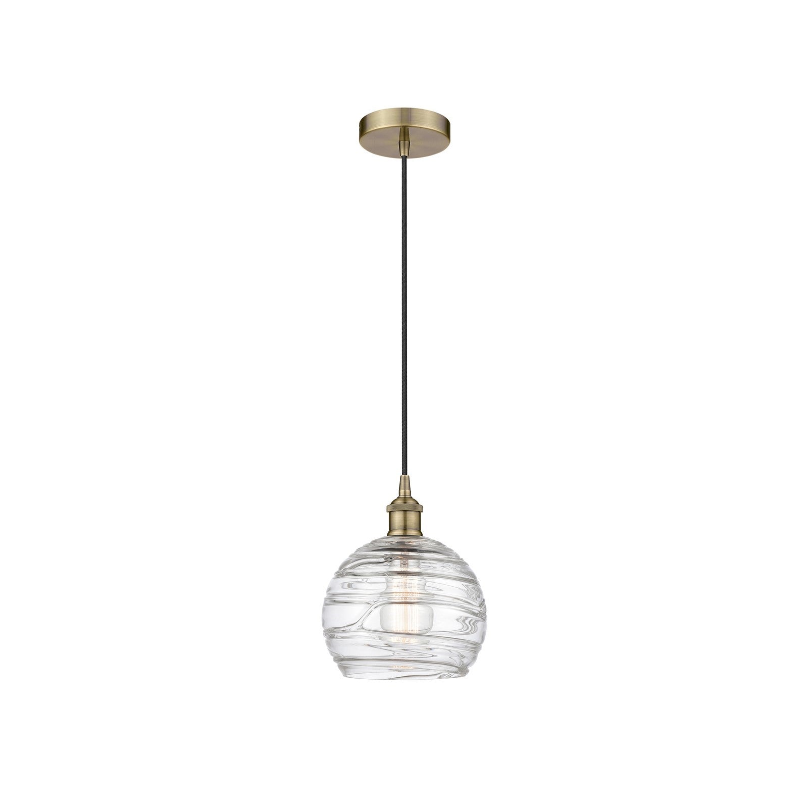 Innovations Athens Deco Swirl 8in 1-Light Mini Pendant | Industrial Antique Brass Steel and Clear Deco Swirl Glass | Kitchen | Model 616-1P-AB-G1213-8CL