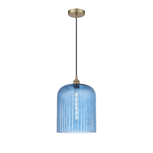 Innovations Bridal Veil 5in 1-Light Mini Pendant | Art Nouveau Antique Brass and Princess Blue Ribbed Glass | Kitchen Island & | Model 616-1P-AB-G559-12BL