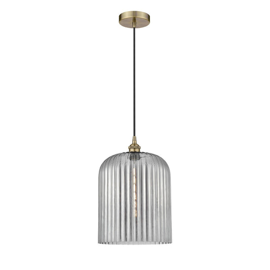 Innovations Bridal Veil 5in 1-Light Mini Pendant | Art Nouveau Antique Brass and Light Smoke Ribbed Glass | Kitchen Island & | Model 616-1P-AB-G559-12SM