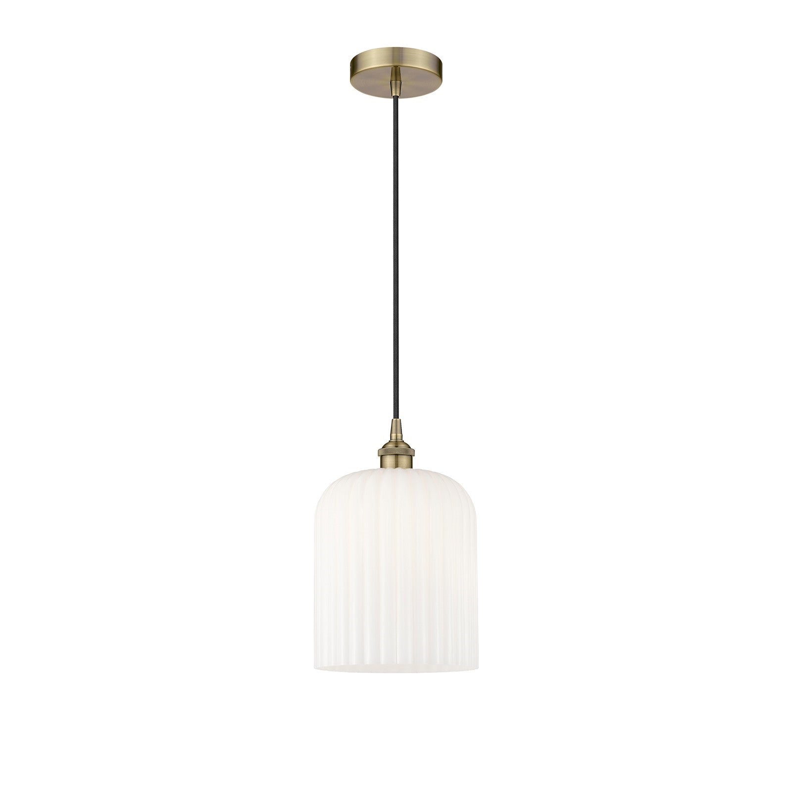 Innovations Bridal Veil 5in 1-Light Mini Pendant | Art Nouveau Antique Brass and Gloss White Ribbed Glass | Kitchen Island & | Model 616-1P-AB-G559-8GWH