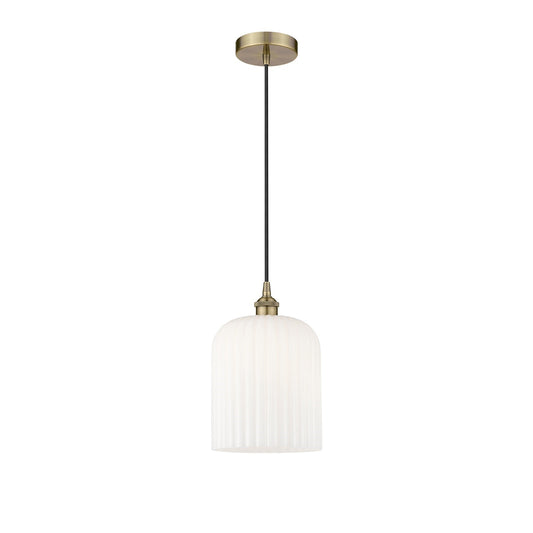 Innovations Bridal Veil 5in 1-Light Mini Pendant | Art Nouveau Antique Brass and Gloss White Ribbed Glass | Kitchen Island & | Model 616-1P-AB-G559-8GWH