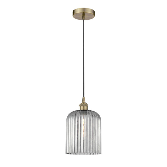 Innovations Bridal Veil 5in 1-Light Mini Pendant | Art Nouveau Antique Brass and Light Smoke Ribbed Glass | Kitchen Island & | Model 616-1P-AB-G559-8SM