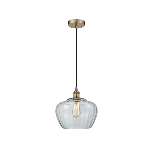 Innovations Fenton 11in 1-Light Mini Pendant | Industrial Antique Brass and Clear Ribbed Glass | Kitchen Island & Dining Room | Model 616-1P-AB-G92-L-LED