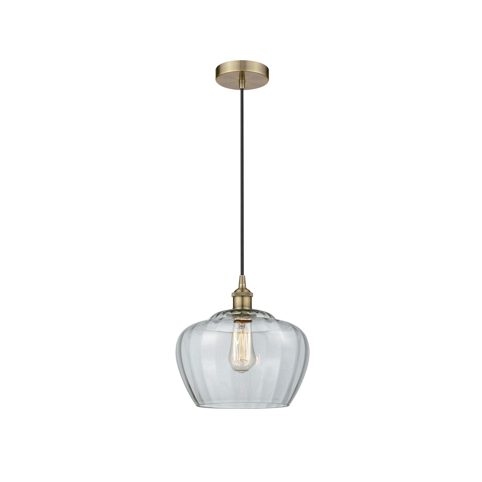 Innovations Fenton 11in 1-Light Mini Pendant | Industrial Antique Brass and Clear Ribbed Glass | Kitchen Island & Dining Room | Model 616-1P-AB-G92-L-LED