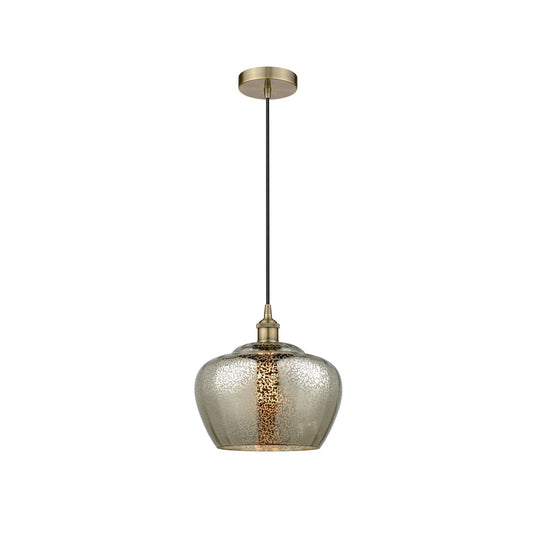 Innovations Fenton 11in 1-Light Mini Pendant | Industrial Antique Brass Steel and Mercury Ribbed Glass | Kitchen Island & | Model 616-1P-AB-G96-L-LED