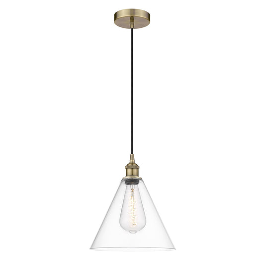 Innovations Berkshire Glass 12in 1-Light Mini Pendant | Industrial Antique Brass Steel and Clear Glass | Kitchen Island & | Model 616-1P-AB-GBC-122-LED