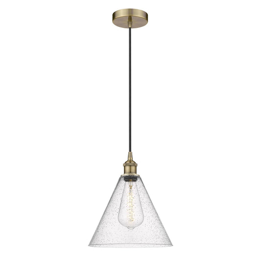 Innovations Berkshire Glass 12in 1-Light Mini Pendant | Industrial Antique Brass Steel and Seedy Glass | Kitchen Island & | Model 616-1P-AB-GBC-124-LED