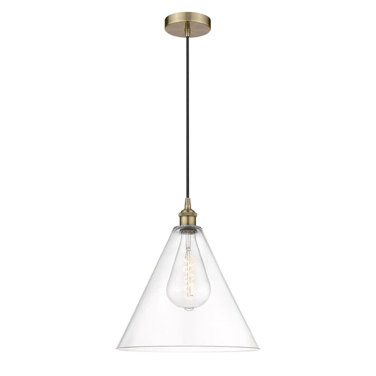 Innovations Berkshire Glass 16in 1-Light Pendant | Industrial Antique Brass Steel and Clear Glass | Kitchen Island & Dining | Model 616-1P-AB-GBC-162-LED