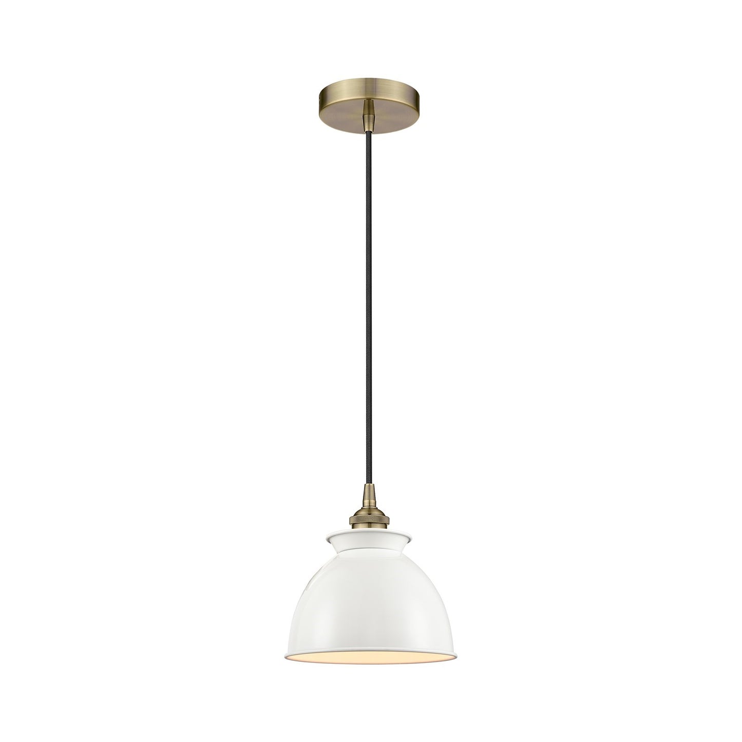 Innovations Adirondack 8.25in 1-Light Mini Pendant | Industrial Antique Brass and Glossy White Metal Shade | Kitchen Island & | Model 616-1P-AB-M14-W