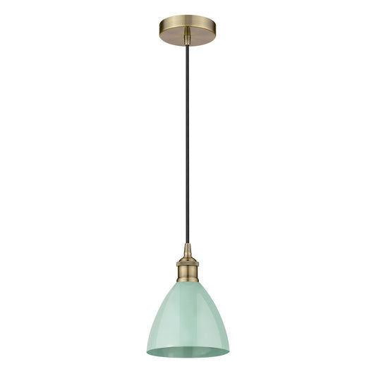 Innovations Plymouth 1-Light 7.5in Mini Pendant | Industrial Farmhouse Antique Brass and Matte Seafoam Metal Shade | Model 616-1P-AB-MBD-75-SF-LED