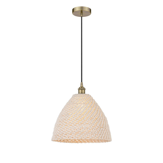 Innovations Bristol Natural 16in 1-Light Mini Pendant | Farmhouse Antique Brass Steel and Natural Fiber Dome Shade | Kitchen | Model 616-1P-AB-NBD-16-NAT