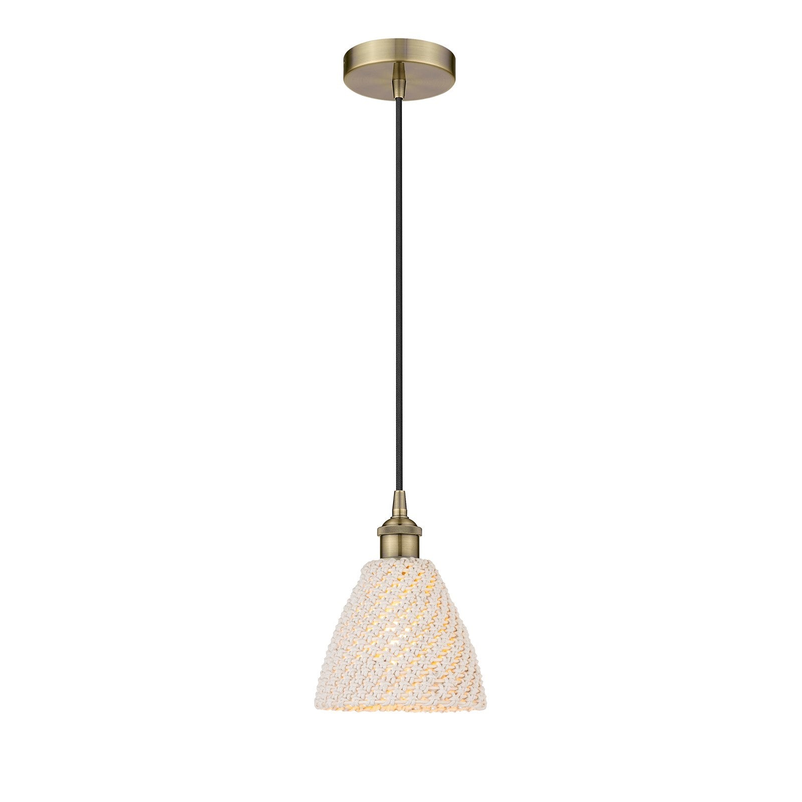 Innovations Bristol Natural 7.5in 1-Light Mini Pendant | Farmhouse Antique Brass and Natural Fiber Dome | Kitchen Island & | Model 616-1P-AB-NBD-75-NAT