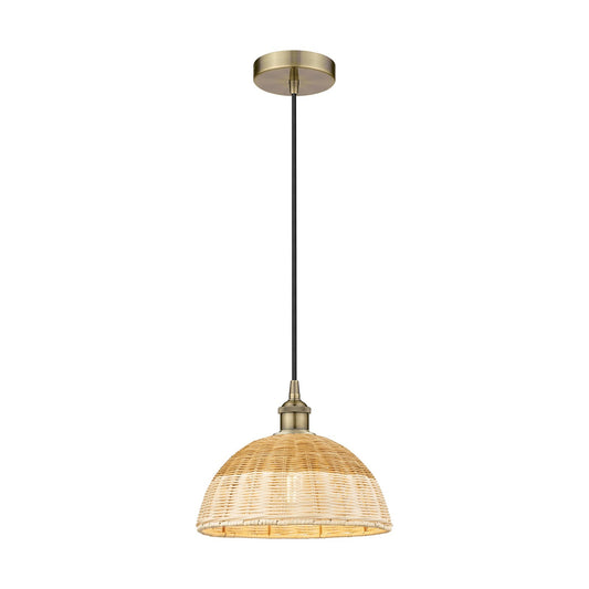 Innovations Natural Ballston Dome 12in 1-Light Mini Pendant | Farmhouse Antique Brass and Natural Fiber Basketweave | Model 616-1P-AB-NBD2-12-NAT