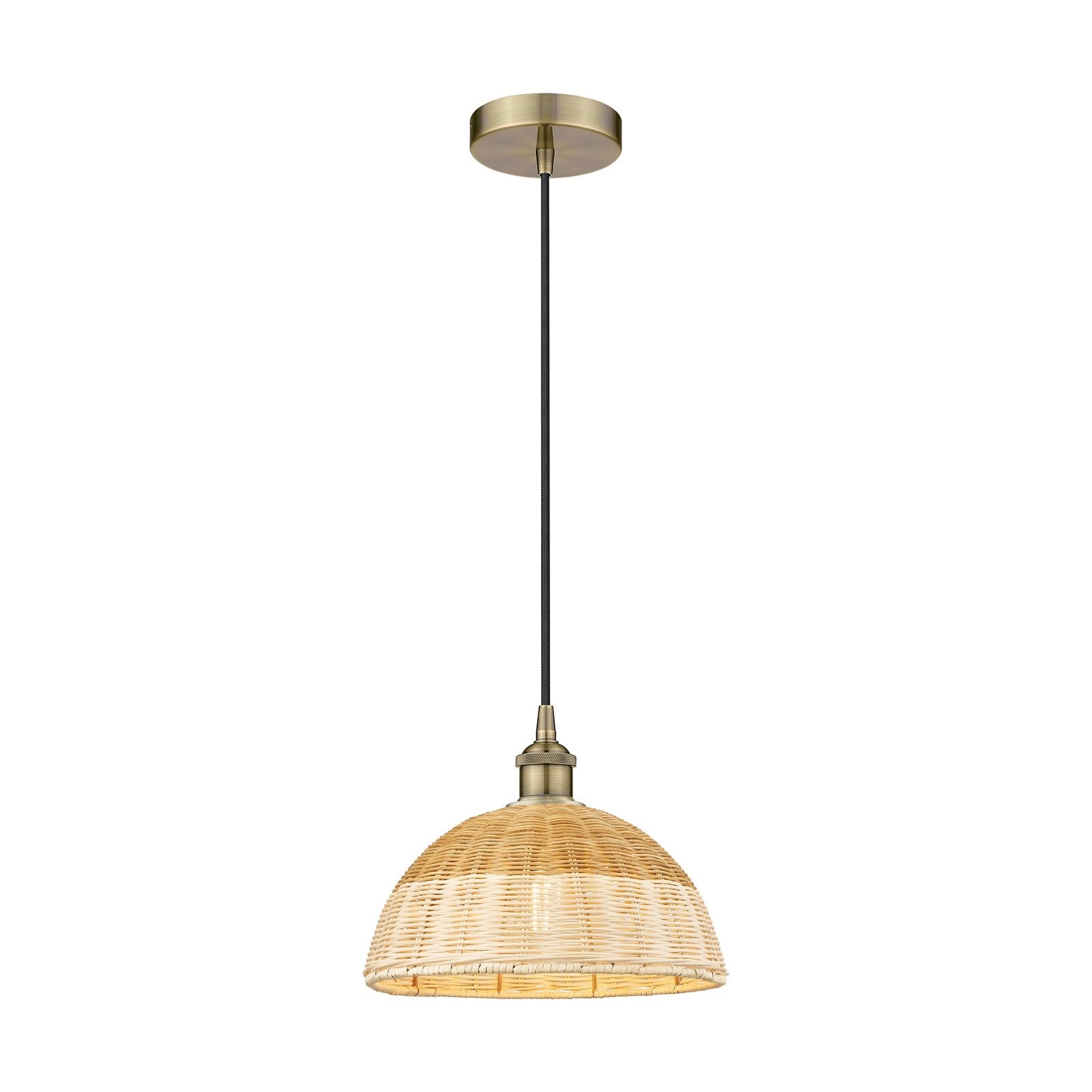 Innovations Natural Ballston Dome 12in 1-Light Mini Pendant | Farmhouse Antique Brass and Natural Fiber Basketweave | Model 616-1P-AB-NBD2-12-NAT