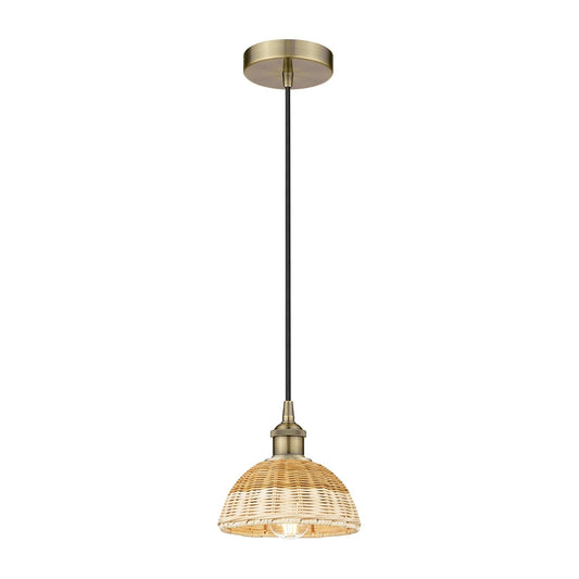 Innovations Natural Ballston Dome 7.5in 1-Light Mini Pendant | Farmhouse Antique Brass and Natural Fiber Dome Shade | Model 616-1P-AB-NBD2-75-NAT