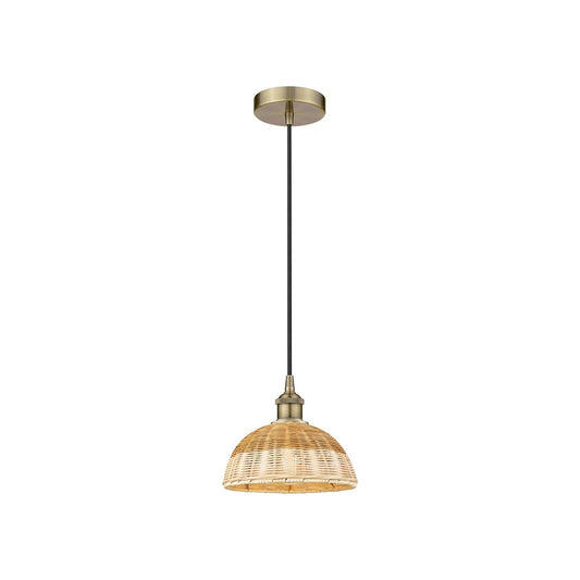 Innovations Natural Ballston Dome 9in 1-Light Mini Pendant | Farmhouse Antique Brass and Natural Fiber Basketweave | Kitchen | Model 616-1P-AB-NBD2-9-NAT