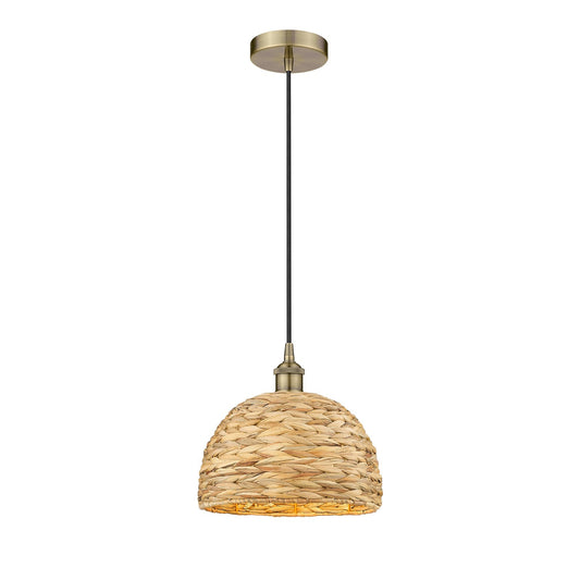 Innovations Woven Rattan 12in 1-Light Mini Pendant | Industrial Antique Brass and Natural Fiber Dome Shade | Kitchen Island & | Model 616-1P-AB-RBD-12-NAT