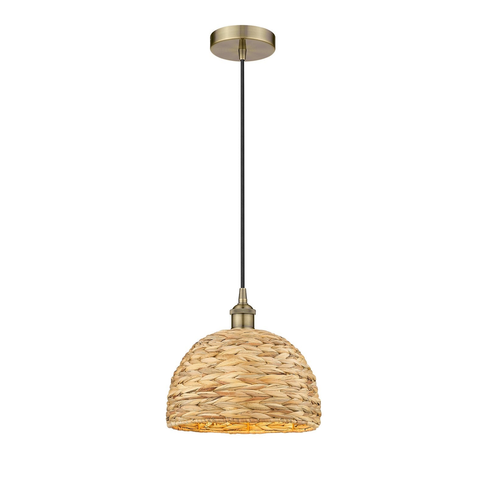 Innovations Woven Rattan 12in 1-Light Mini Pendant | Industrial Antique Brass and Natural Fiber Dome Shade | Kitchen Island & | Model 616-1P-AB-RBD-12-NAT