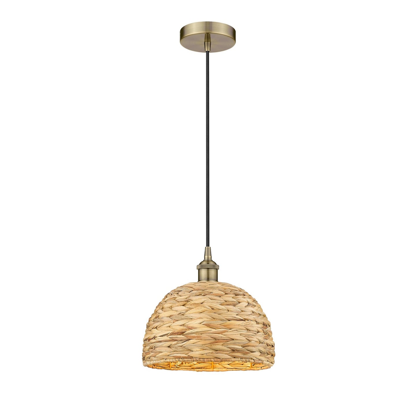 Innovations Woven Rattan 12in 1-Light Mini Pendant | Industrial Antique Brass and Natural Fiber Dome Shade | Kitchen Island & | Model 616-1P-AB-RBD-12-NAT