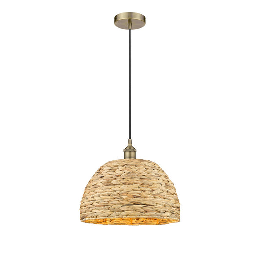 Innovations Woven Rattan 16in 1-Light Mini Pendant | Industrial Antique Brass and Natural Fiber Dome Shade | Kitchen Island & | Model 616-1P-AB-RBD-16-NAT