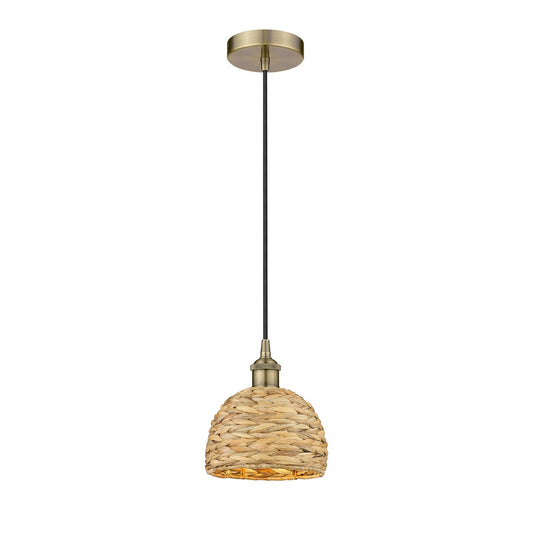 Innovations Woven Rattan 8in 1-Light Mini Pendant | Rustic Farmhouse Antique Brass Steel and Natural Woven Rattan Shade | Model 616-1P-AB-RBD-8-NAT
