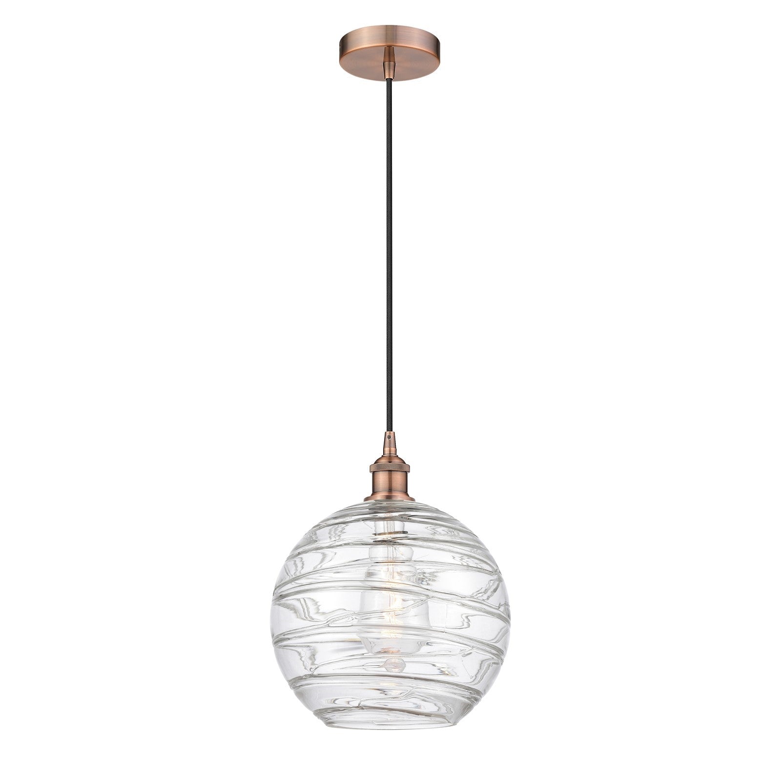 Innovations Athens Deco Swirl 12in 1-Light Mini Pendant | Industrial Antique Copper and Clear Deco Swirl Glass | Kitchen | Model 616-1P-AC-G1213-12CL